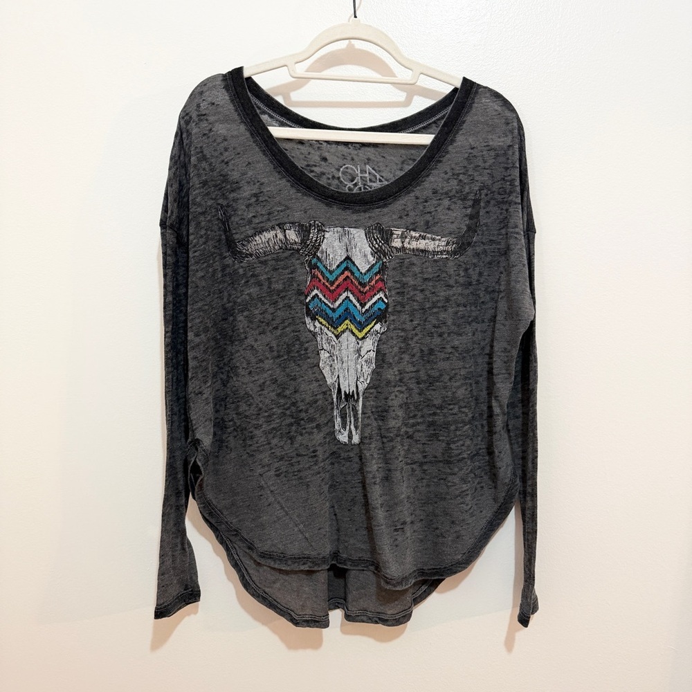 Chaser Bull Skull Burnout Tee Small Oversized Boho Western Top